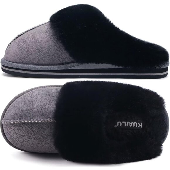 🆕Women Black Suede Fluff Dual Memory Foam Arch Support Warm Scuff Slipper - Picture 3 of 9